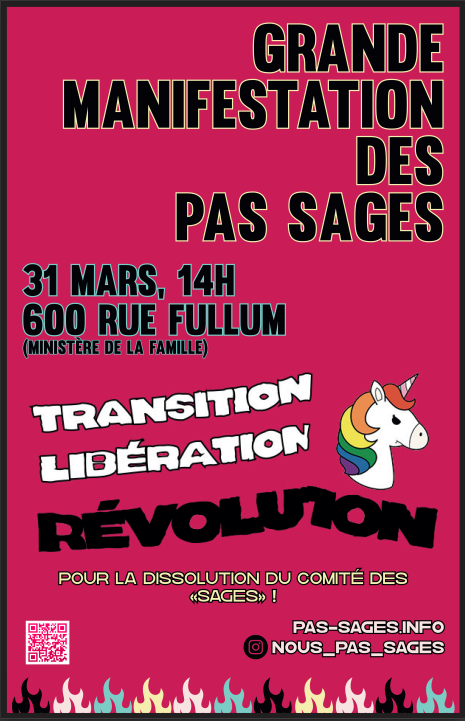 Grande manifestation des pas sages 31 mars, 14h, 600 rue Fullum (ministère de la famille) Transition, libération, Révolution